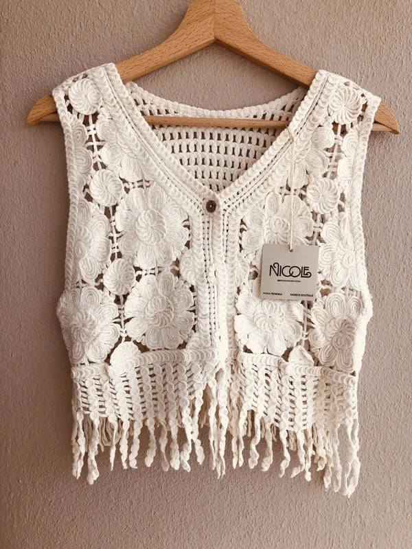 Colete em crochet boho com franjas – Novo em Branco creme – photo 8